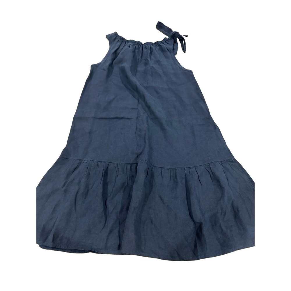 Terzo Millennio Linen Dress Blue Midi Sleeveless Bow Back Ruffle S Made in Italy